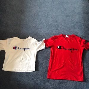 White champion shirt and red champion shirt